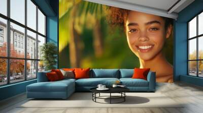 A young womanâs glowing skin and bright smile, her soft facial expression full of confidence and peace, with natural elements in the background reflecting beauty and calmness. Wall mural